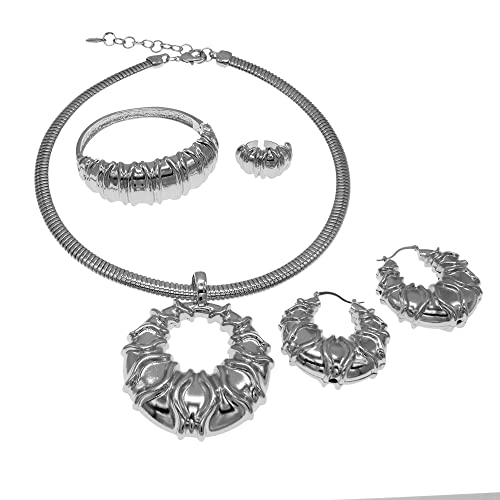 Alta joyería estilo italiano con conjunto de pendientes grandes y collar de bola de plata