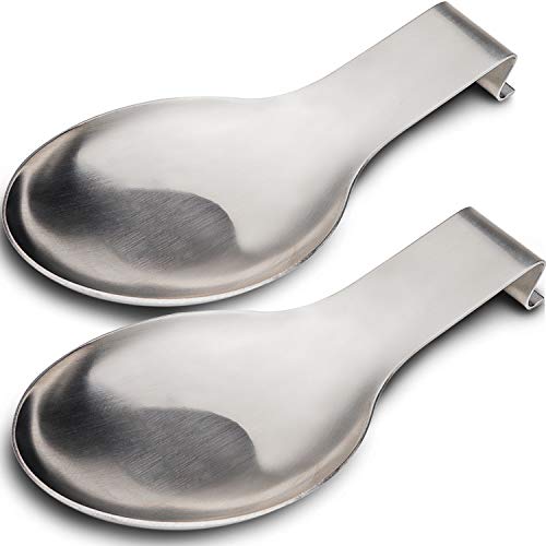 Image of VanlonPro Stainless Steel Spoon Rest, Spatula Ladle Holder, Stainless Steel Utensil Spoon Rest Holder, Brushed Finish, Dishwasher Safe 9.8 x 3.7 Inch (Silver 2PCS)
