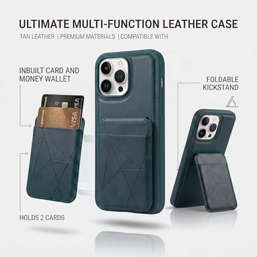 Image of amazon basics Premium Vegan Leather Back Cover with Card Holder and Integrated Mobile Stand for iPhone 16 Pro Max - Slim Shockproof Wallet Case with Geometric Stitching [Blue]