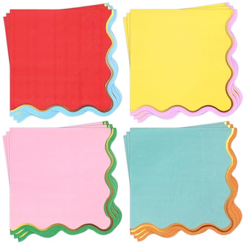 JarThenaAMCS 100 Pcs Scalloped Paper Napkins Cocktail Napkins 4 Mixed Colors Disposable Beverage Napkin Hand Towels for Birthday Baby Shower Drink Pastel Party Table Decor Supplies
