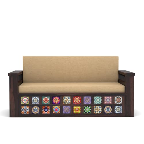 Image of Solid Sheesham Wood Sofa Cums Bed with Cushioned Seating & Handcrafted Tile Storage Front | Rosewood Convertible Sofa Bed for Living Room & Bedroom (Walnut)