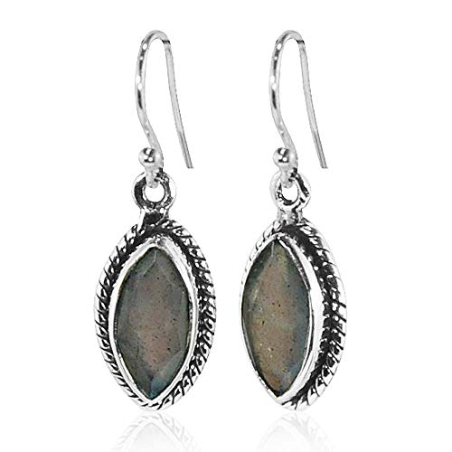Sivalya Marquise Natural Labradorite Earrings in 925 Sterling Silver - Genuine Grey Gemstone Solid Silver French Hook Dangle Earrings 1.25