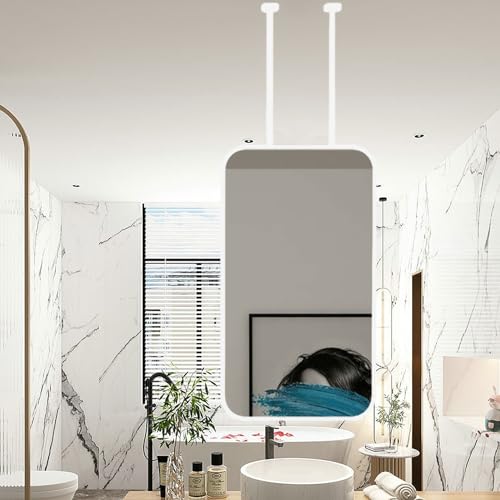 Drsyffsup Espejo montado en el Techo con Barra para Colgar, Espejo de Maquillaje de tocador, Espejos con Marco de Metal Blanco, Espejos Decorativos de Pared flotantes para baño(40cmx60cm)
