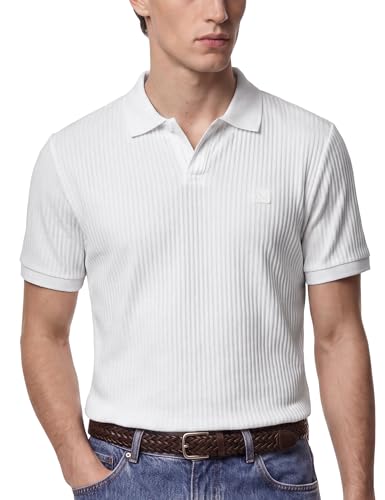 Image of DAMENSCH Men Striped Texture, Cotton-Rich Comfort, Easy Regular fit, Solid Colours Striped Polos