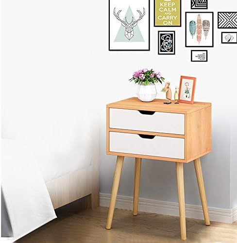 Swyss Side End Table Nightstand with 2 Drawers Storage Mid-Century Accent Wood Furniture, Dormitory Bedroom Assembly Bedside Cabinet (D 15.7x11.8x22.8)