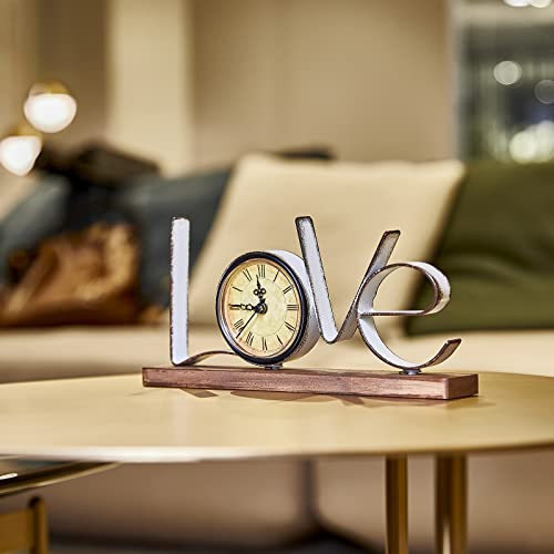 Yawill Table Clock - 5.12" H Antique Metal Wood Clock Vintage Greyish White Love With Battery Operated Round Quartz Clock For Living Room Dining Room Bedroom Office (Love) #TOP2