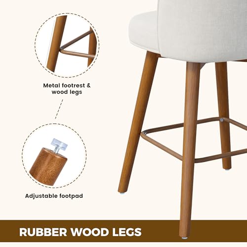 Image of Modern Swivel Bar Stools Set of 4, Chic Upholstered Counter Height（26IN） Bar Chair with Back, Solid Wood Legs and Footrest, Comfortable Chenille Bar Stool for Kitchen Island, Cream White