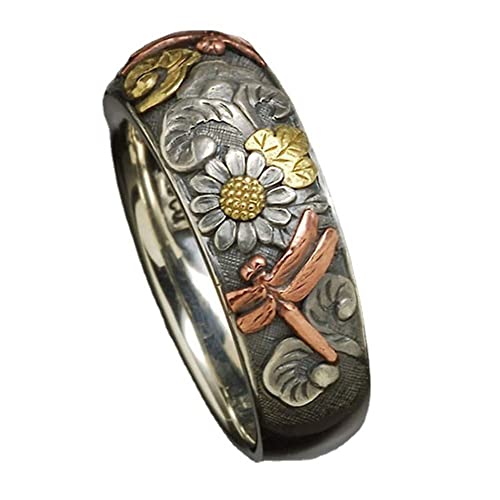 LRGKMCWTOB Vintage Boho Sunflower Rings Engagement Party Ring Jewelry Silver and Rose Gold Color Carved Dragonfly Ring Unique Metal Enamel Flower Rings Women Engagement Party Ring Jewelry(Size 7)