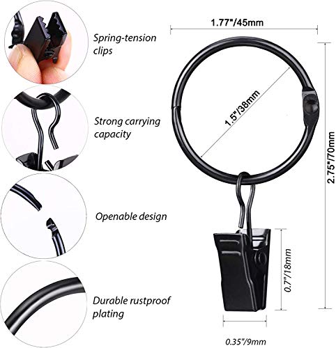 SPLF 28 Pack Metal Openable Curtain Rings with Clips, 1.5 Inch Interior Diameter Heavy Duty Rustproof Vintage Decorative Drapery Eyelet Curtain Rods Hangers Rings, Black