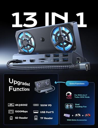 Image of LISEN 10 IN 1 Docking Station for Steam Deck OLED&ROG Ally X&Legion Go, Dual Cooling Fan 5 USB Ports and 4K@60Hz, 100W Charging Port Support ROG Ally 30W Mode, Gigabit Ethernet Fit for Steam Deck OLED