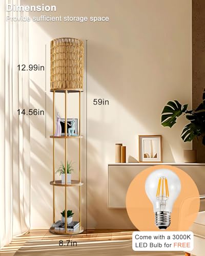 Image of Lightdot 61 inch Rattan Floor Lamp with Shelves, 3-Tier Storage Shelves with 3000K Bulb Included, Solid Wood Design, Corner Bookshelf Floor Lamps for Living Room /Sofa Beside /Corner Decor-Gold