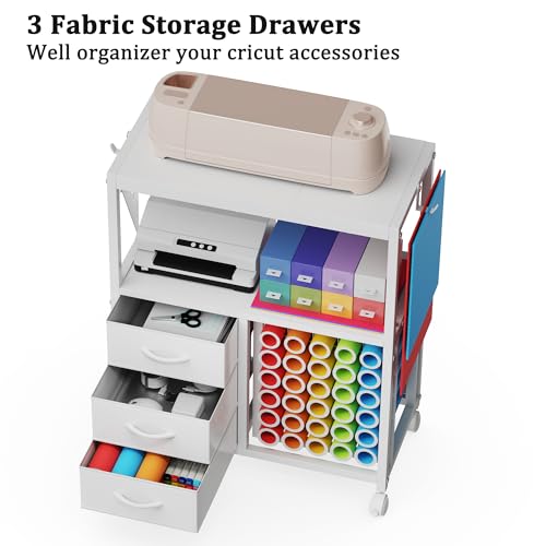 Image of 30 Vinyl Roll Holders for Cricut Cart, Rolling Craft Cart with 3 Fabric Drawer, Craft Organization and Storage Compatible with Cricut Maker Machine, Crafting Table Workstation, White, Patent Pending