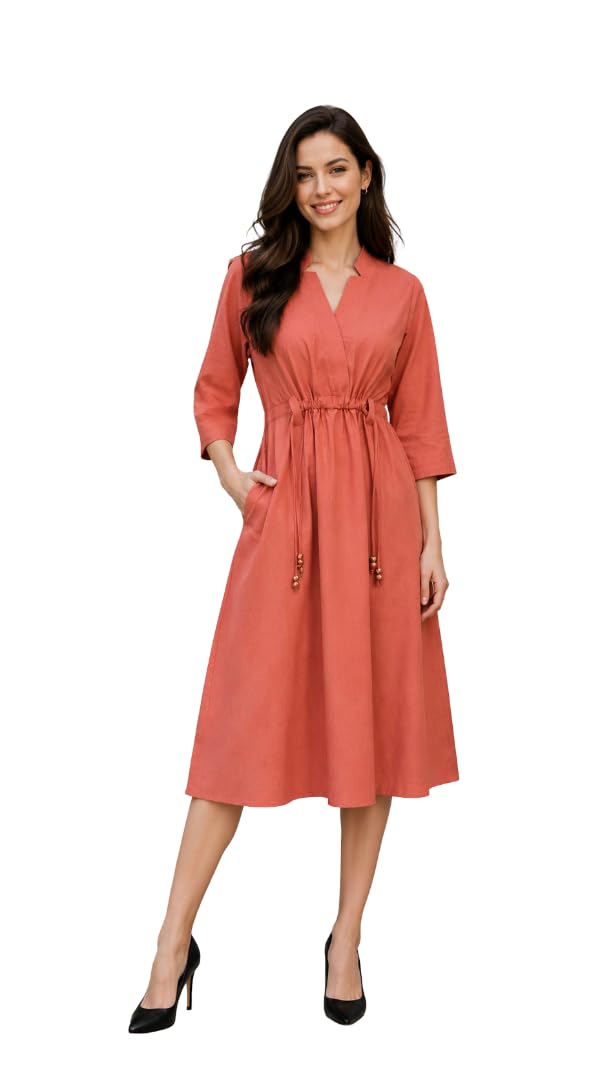 Women's Pure Cotton Solid Peach A-Line Midi Dress-image-16