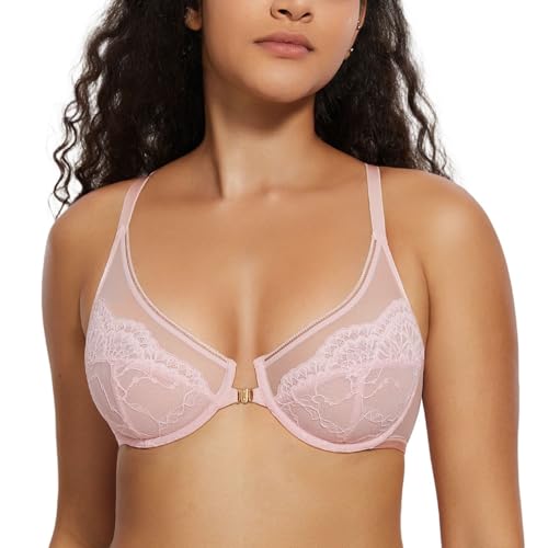 Image of Deyllo Bras for Women Push Up Deep V Sexy Lace Front Fastening Bra, Comfort Soft Plunge Underwire Support Bras Lift Up(Light Pink,36E)