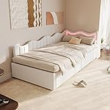 ZHDOKA Divano letto imbottito 90 x 200 cm, Divano Letto Singolo con illuminazione a LED, letto da giorno con Contenitore Struttura e rete a doghe per bambini, ospiti, adolescenti e ragazze,Beige