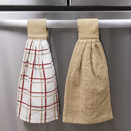 Image of Ritz Premium 100% Cotton Solid and Multi Check Kitchen Tie Towel Absorbent, Super Soft, and Fast Drying Hang Towel, Set of Three, Biscotti