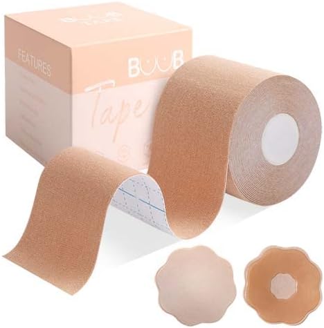 Boob Tape and 2 Pcs Petal Backless Nipple Cover Set, Breathable Breast Lift Tape Boobytape for Breast Lift Athletic Tape with Silicone Breast Petals Reusable Adhesive Bra for A-E Cup Large Breast