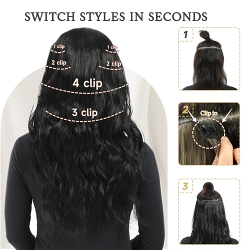 Fliace Synthetic Clip in Hair Extensions, 6 PCS 1 6 Inch Hair Extensions Clip Ins, Black Long Wavy Hairpieces(16inch, 6pcs, Black) - Thumbnail 6