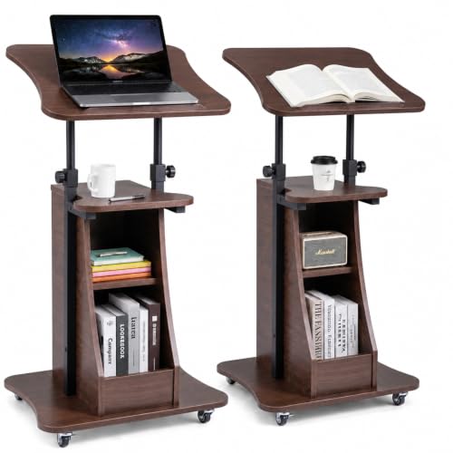 Image of POWERSTONE 2PCS Sit to Stand Mobile Lectern Teacher Podium Stand Brown | Rolling Laptop Desk Cart with Storage Shelves, Casters, Swivel Top, Height Adjustable, for Classroom, Concert, Church