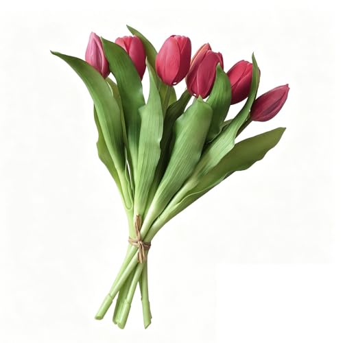 EnixwH 7 Piezas Flores Artificiales Decoracion Tulipanes Flores Secas Ramo Planta Artificial Tulipanes Artificiales para Mesa Fiestas Ramos Bodas Hogares Oficinas Hoteles DIY (Rojo Rosado)