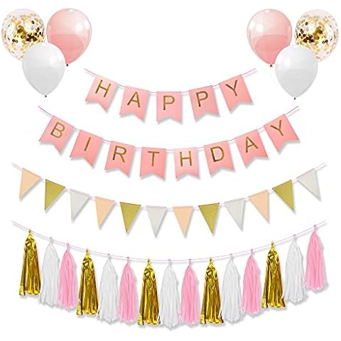 Happy Birthday Banner with Shimmering Gold Letters, CASPLUS Pink Birthday Decorations Kit, Birthday Balloons, Triangle Flag Banner and Tassel for Party Decoration Birthday Party Supplies Kids Girls Cover