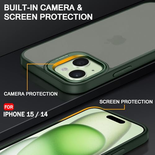 Image of TheGiftKart Hybrid Back Cover Case for iPhone 15 / iPhone 14 | Built-in Stand | Shockproof Hard Case Cover for iPhone 15 / iPhone 14 (PC & TPU, Frosted Matte Back, Green Sides)
