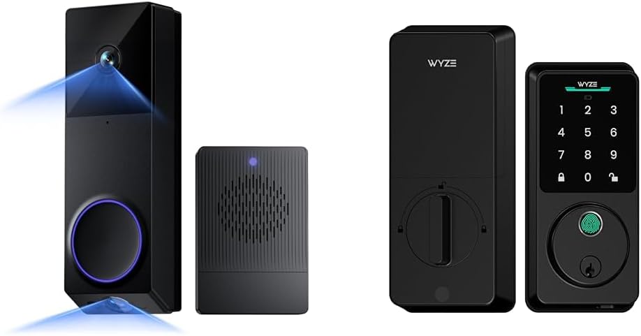 Bundle of WYZE Wireless Duo Cam Video Doorbell + Wyze Auto-Lock Bolt v2, Battery Powered,2 Cameras (People and Package), Fingerprint Keyless Entry Smart Lock, AI Learning Scanner, 8 Months Battery
