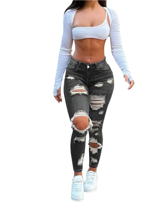 Women's High-Waisted Skinny Distressed Jeans - Slimming and Lifting Fit with Stretch Denim