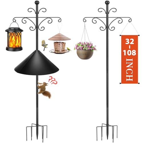 Bird Feeder Pole for Outdoors Heavy Duty Squirrel Proof, 2 Pack 108 Inch Adjustable Tall Shepherds Hooks for Outdoor with 7 Prongs Base, Double Shepherd Hooks (2 Pack Black, 108 Inch)
