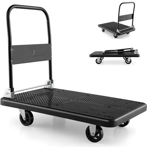 HOMFME Folding Platform Trolley, Heavy Duty Flatbed Platform Truck Dolly with Handle, Moving Push Hand Sack Truck Luggage Cart for Loading and Storage (Black, 92x60x87cm,400kg Capacity)