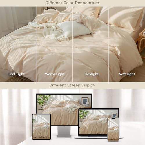 Image of MooMee Bedding Duvet Cover Set 100% Washed Cotton Linen Like Textured Breathable Durable Soft Comfy (Solid Sandy Beige, Twin 68 inchx90 inch)