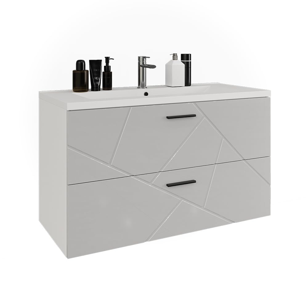 Vicco Ensemble de Meubles de Salle de Bains Irma, Blanc/Blanc Brillant, 100 cm, composé d’Un Meuble sous-lavabo et d’Un lavabo