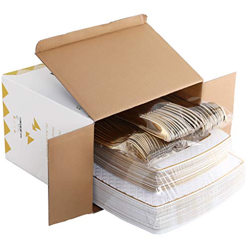 Supernal 125 Pcs Gold Plastic Plates, Gold Square Plates With Diamond Design,Gold Plastic Silverware, Includes: 25 Dinner Plates, 25 Salad Plates, 25 Knives, 25 Forks, 25 Spoons,Suit For Mothers Day #TOP7