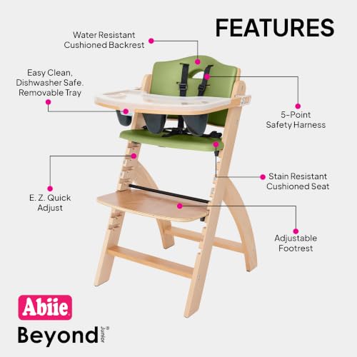 Image of Abiie Beyond Junior Wooden High Chair for Babies and Toddlers - Convertible 3-in-1 Baby Highchair with Removable Tray - 6 Months to 250 Lb - Water Resistant - Natural Wood /Olive Cushion