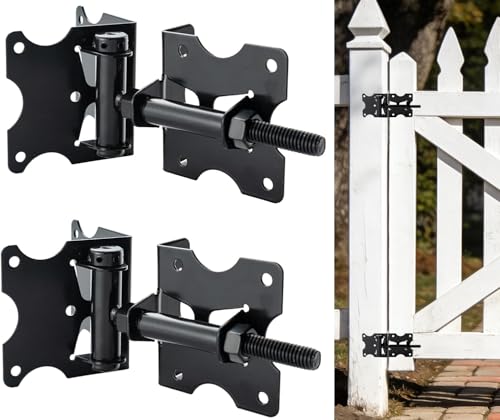 HOME MASTER HARDWARE Self Closing Gate Hinges, Heavy Duty Gate Hardware Vinyl Door Closer Hinges, 90 Degree Adjustable Gate Hinges with Swing Adjustment Tool for Vinyl/Wooden Fence, 2 Pack, Black