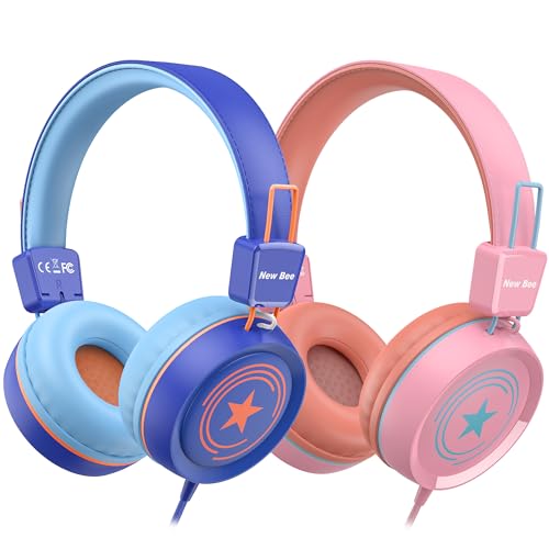 Image of New Bee 2 Pack Kids Headphones with Microphone, 85dB /94dB Safe Volume Limited Childrens Headset, Foldable Wired Toddler Headphones Over Ear for School Travel Mac /Android /Kindle /Tablet /Pad Blue Pink