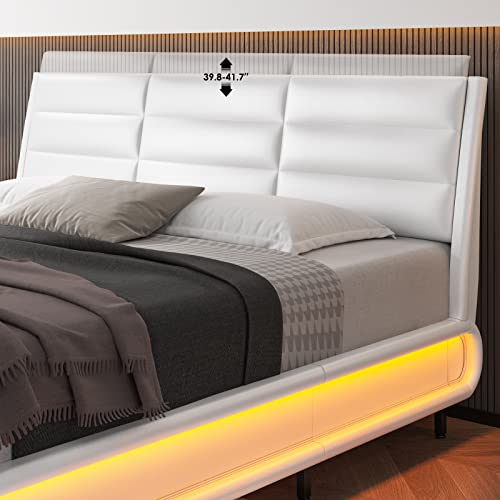 Hostack King Size Upholstered Bed Frame With Smart Led, Pu Low Profile Sleigh Platform Bed With Adjustable Headboard, Modern Mattress Foundation With Wood Slats, Lights Sync With Music (White, King) #TOP3