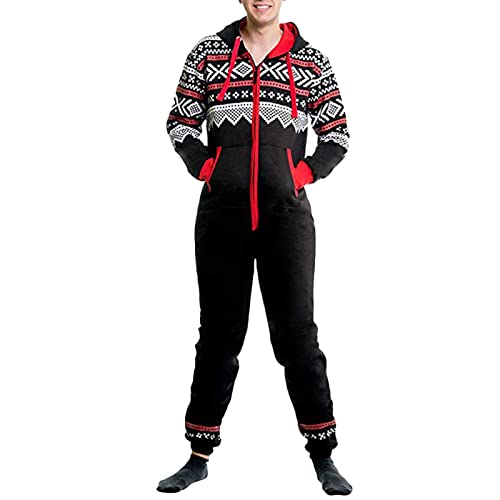 Generisch Mono de Navidad para hombre, pijama de manga larga, juego de pijama holgado, informal, overoles con capucha, cremallera, invierno, informal, ropa de dormir, ropa de casa, Negro , S