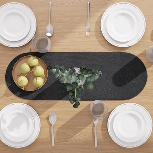Image of Encasa XO Table Runner for 4 Seater | Handmade Ribbed Style Cotton | 30x91 cm | Black | for Dining & Center Table
