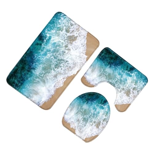 Happyyami 3個 海の装飾トイレマット点 洗える抗菌吸水カーペット 滑り止め浴室用 便座カバー付き バスマット衛浴地?套装