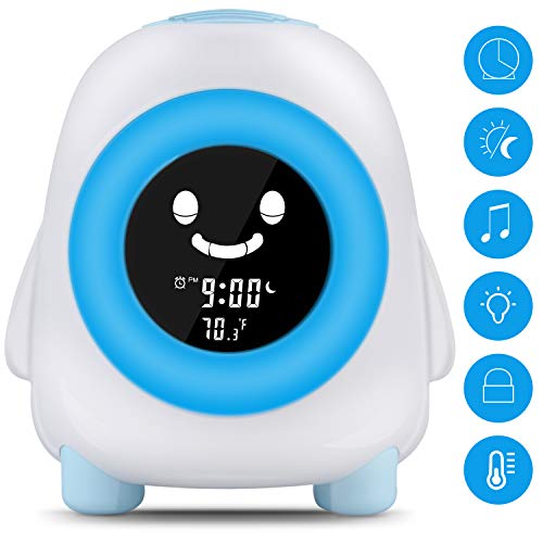 Réveil Enfant,Cadrim Lampes de Réveil 5 Couleurs 5 Sons Lumière de Nuit Lampe de Table Lampe De Chevet Réveil Numérique Affichage Température Bon Cadeau pour Enfant Bébé Rechargeable avec USB Câble