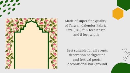 Image of Background Decoration Cloth | Pichwai Inspired Blooming Pink Lotus and Temple Arch Backdrop | Lakshmi Backdrop Cloth for Decoration Pooja 5x5 Feet
