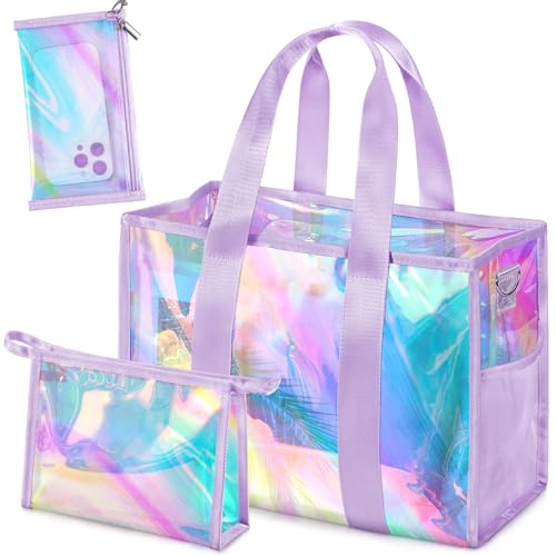 ComfyKit Iridescent Beach Bag for Women Large PVC Pool Bag with Cosmetic Bag & Touch Screen Phone Pouch Summer Beach Tote for Travel and Vacation