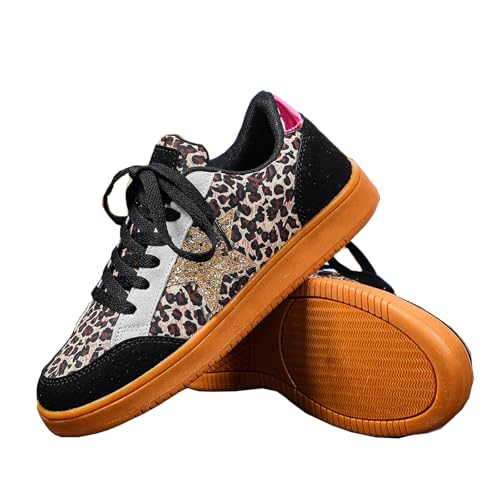 Lanverth Womens Y2K Star Platform Sneakers Sparkly Glitter Leopard Chunky Skate Casual Tennis Shoes Khaki Leopard Print US 5.5