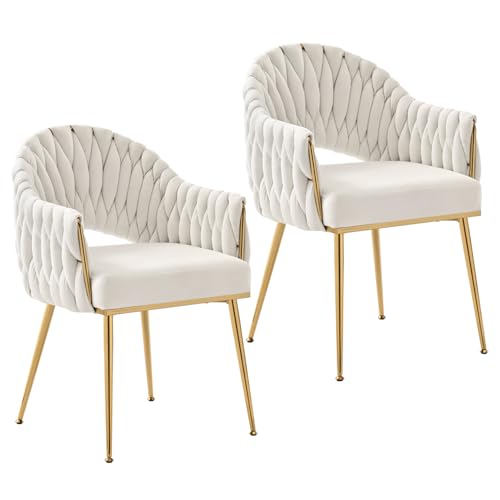 SUPPNEED Samt Esszimmerstühle 2er Set, Sessel Wohnzimmer, Stühle Esszimmer mit Armlehne, Küchenstühle mit handgeflochtenen Hochlehner, Schminktisch Stuhl mit Gold Beine, Balkonstuhl(2, Weiß)