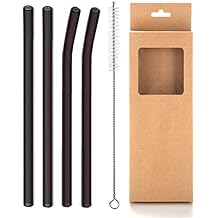 Reusable Glass Straws - 8mm Straight and Bent Drinking Straws, 4 Pcs With Cleaning Brush, BPA Free Eco-Friendly for Beverages, Shakes, Milk Tea, Juices, Cocktail Black