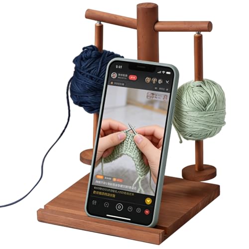 Wooden Dual-Spool Yarn Holder with Phone Stand, Swivel Spindle Design, Crochet and Knitting Yarn Holder, Compact Size 7.5x7.9x11 in, Walnut Color