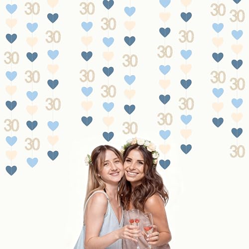 Image of Champagne Gold Blue 30th Birthday Decorations Champagne Gold Dusty Blue Heart Garland Streamer Banner Backdrop for Women Happy 30th Birthday Dirty Thirty Cheers to 30 Years Anniversary Party Supplies