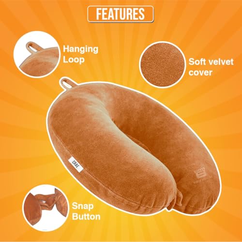 Image of CRAE Travel Neck Pillow for Men & Women | Soft Fibre Cushion for Flight, Car & Train | Soft Velvet Fabric with Attachable Snap Strap | Cervical Support for Neck Pain Relief.Pack of 1(Mustard Orng)