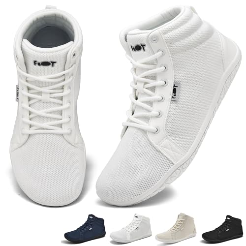 Geweo Barfußschuhe Damen Herren Hi top Sneaker Barfuss Schuhe Leicht Breite Minimalistische Walking Zehenschuhe Zero Drop Sohle Unisex Trail Fitness rutschfest Weiß 40 EU